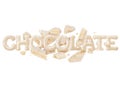 The word chocolate with pieces of white porous chocolate bar Royalty Free Stock Photo