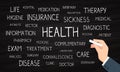 Health, insurance, care - word cloud - chalk and blackboard Royalty Free Stock Photo