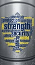 Word cloud forming a shield shape with words related to security and protection, such as \