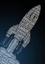 A word cloud forms a stylized rocket shape against a dark, starry background. Prominent words Royalty Free Stock Photo