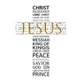 Word Cloud of Jesus Christ Christian Keywords in Cross Shape with the name of Jesus Hhghlighted in Gold color