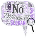 Big word cloud in the shape of speech bubble with magnifying glass with words no means no. Stop abuse gender violence Royalty Free Stock Photo