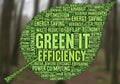 Word cloud in the shape of a green leaf, set against a blurred forest Royalty Free Stock Photo