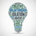 Word cloud in the shape of a light bulb against a light gray background. Prominent Royalty Free Stock Photo