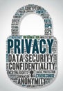 Word cloud in the shape of a lock featuring key privacy terms. Dominant words Royalty Free Stock Photo