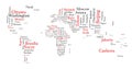 Word cloud in a shape of map contains all world capitals.