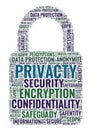 A word cloud in the shape of a padlock emphasizes themes related to data protection. Royalty Free Stock Photo