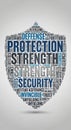 Word cloud in the shape of a shield featuring terms related to protection and security. Royalty Free Stock Photo