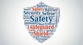Word cloud in the shape of a shield featuring terms related to safety and security. Royalty Free Stock Photo