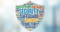 Word cloud in the shape of a shield featuring terms related to security and protection. Royalty Free Stock Photo