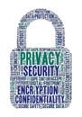 Word cloud shaped like a padlock, featuring terms related to digital privacy and Royalty Free Stock Photo