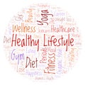 Word cloud with text Healthy Lifestyle in circle shape on a white background.