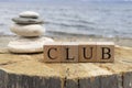 The word club from wooden cubes. The cubes are on the tree stump