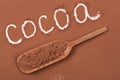Word cocoa written in cocoa powder with a wooden scoop