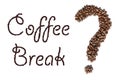 Coffee Break words next to shape of a question mark made of roasted espresso coffee beans