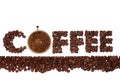 The word coffee from coffee beans with a cup fragrant hot coffee