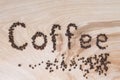 Word coffee laid out from grains on a wooden background Royalty Free Stock Photo