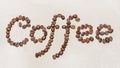 The word coffee is made of coffee beans.On a white background. copy space word coffee