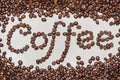 The word coffee is made of coffee beans.On a white background. copy space word coffee