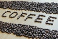 Word coffee made from coffee beans with borders