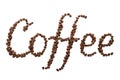 Word coffee made of roasted coffee beans. Food lettering