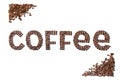The word COFFEE, made from roasted coffee beans on a white isolated background. Lettering made from coffee. Element for decoration Royalty Free Stock Photo