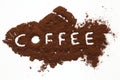 Word COFFEE written in the coffee powder Royalty Free Stock Photo