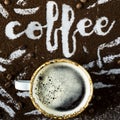 The word coffee is written on ground coffee Royalty Free Stock Photo