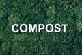 Word Compost on moss, green grass background. Top view. Banner. Biophilia concept. Reduce food waste. Organic waste