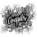 Word Congrats hand lettering typography with floral background.