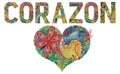Word CORAZON with shape of heart. Heart in Spanish. Vector decorative zentangle object