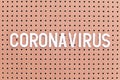 Word Coronavirus made from white letters on brown pegboard, horizontal