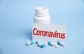 The word Coronavirus on a medical Bottle, Copy space, New rapidly spreading virus from China Wuhan . Corona virus 2019