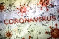 Word CORONAVIRUS written on a weathered rustic wall with microbe illustrations