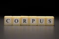 The word CORPUS written on wooden cubes isolated on a black background Royalty Free Stock Photo