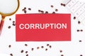 The word CORRUPTION is in white font on a red card, coffee beans and a magnifying glass are scattered nearby