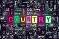 The word Country with neon luminous glowing, unique typeset letters abstract mosaic pattern background, lettering symbols set