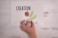 The word creation painted on paper with sketched doodle of flower real hand holding rose stem