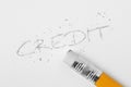 The word Credit written with pencil and erased with a rubber - Concept of economy and credit