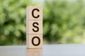 The word CSO - CHIEF SECURITY OFFICER, built from wooden cubes outdoors on the background of nature