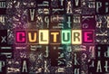 The word Culture as neon glowing unique typeset symbols, luminous letters culture