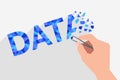 The word DATA broken into fragments, and hand with tweezers Royalty Free Stock Photo