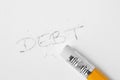 The word Debt written with pencil and erased with a rubber - Concept of economy and debt