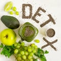 Word detox is made from chia seeds. Green smoothies and ingredients. Concept of diet, cleansing the body, healthy eating