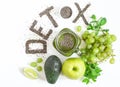 Word detox is made from chia seeds. Green smoothies and ingredients. Concept of diet, cleansing the body, healthy eating Royalty Free Stock Photo