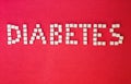 Word diabetes, healthcare concept, made of refined loaf sugar cubes on red backround