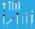 Word DIABETES with insulin syringe,lancet, vials isolated blue b