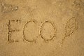 Word ECO frawn on sandy yellow beach.