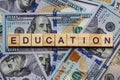 The word education on dollar usa background. College credits, graduation funds, tuition money concept. Royalty Free Stock Photo