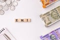 Word EMI written on wooden cubes stock image.